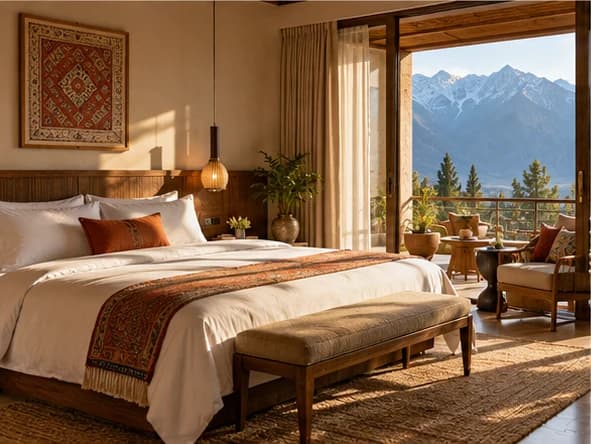 A peaceful contemporary bedroom with warm natural light