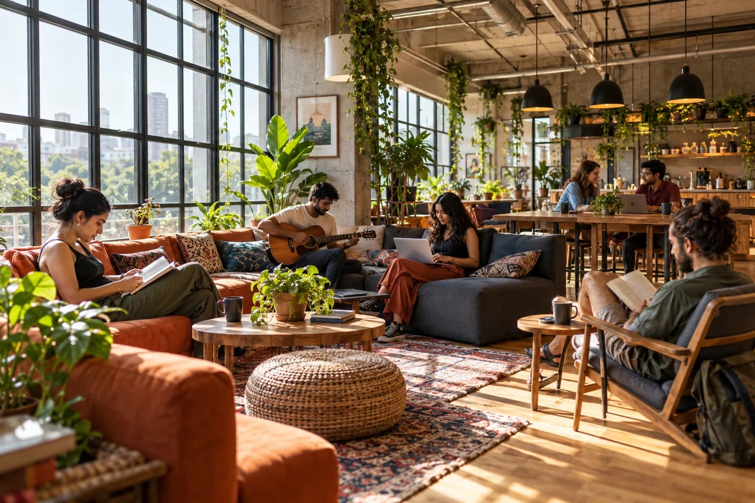 A welcoming student hostel lounge with plants, books, and comfortable seating