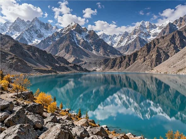 An imagined mountain landscape reflected in a turquoise alpine lake