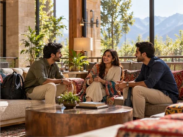 Three travelers enjoying a conversation together